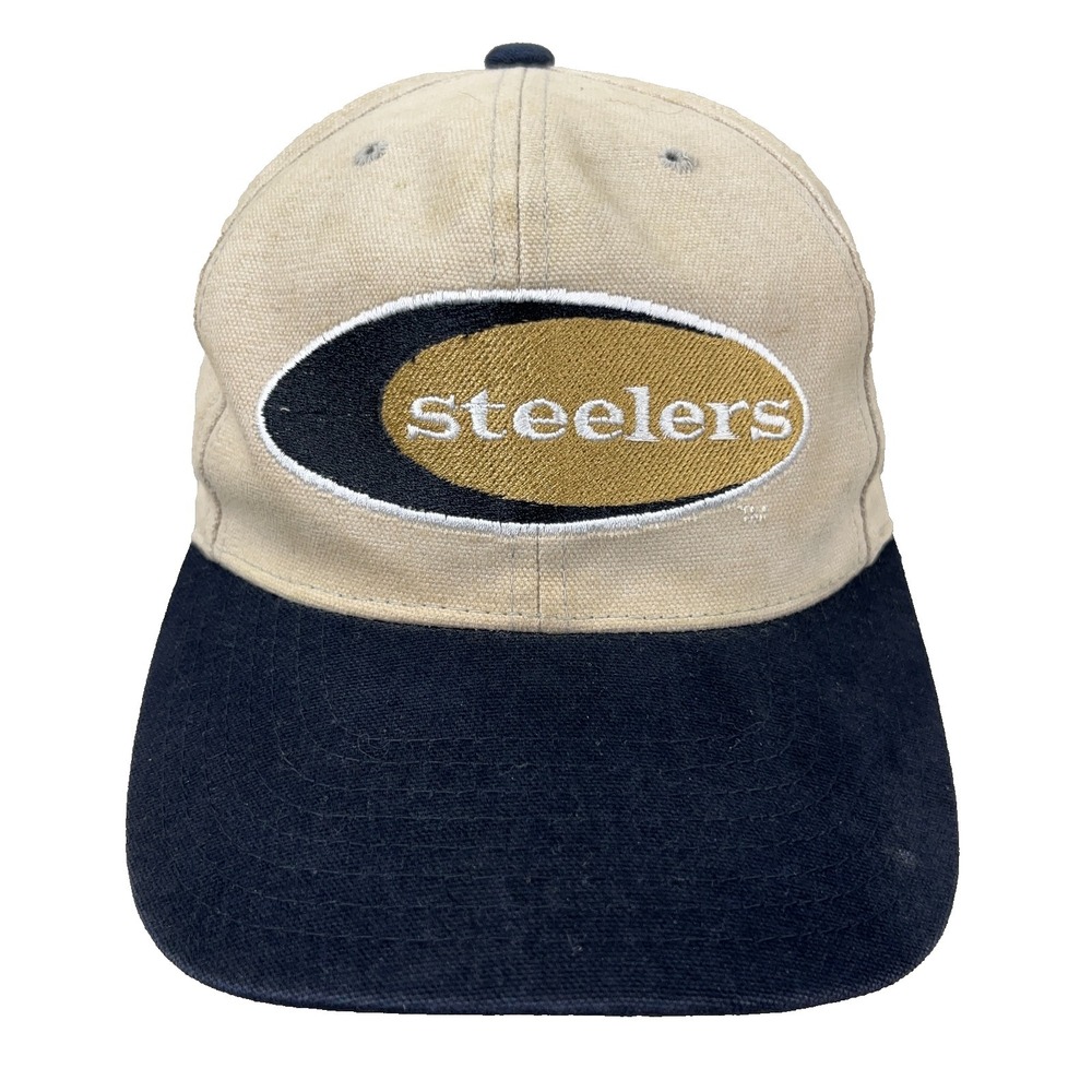 Vintage Pittsburgh Steelers Hat Cap Strap Back Tan Black Canvas 90s Worn Faded